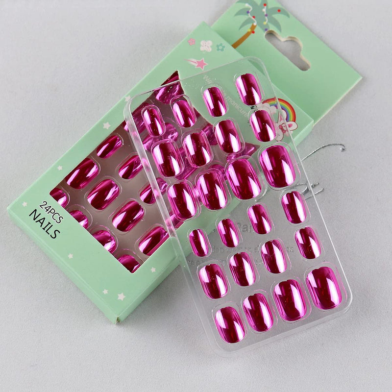 24 Pieces Mirror Chrome Kids Press on Nails Pre-glue Children Mirror Effect False Nails Short Oval Full Cover Artificial Fake Nails Metallic Rose Red Acrylic Nail Tips for Little Girls Gift (Rose Red) - BeesActive Australia