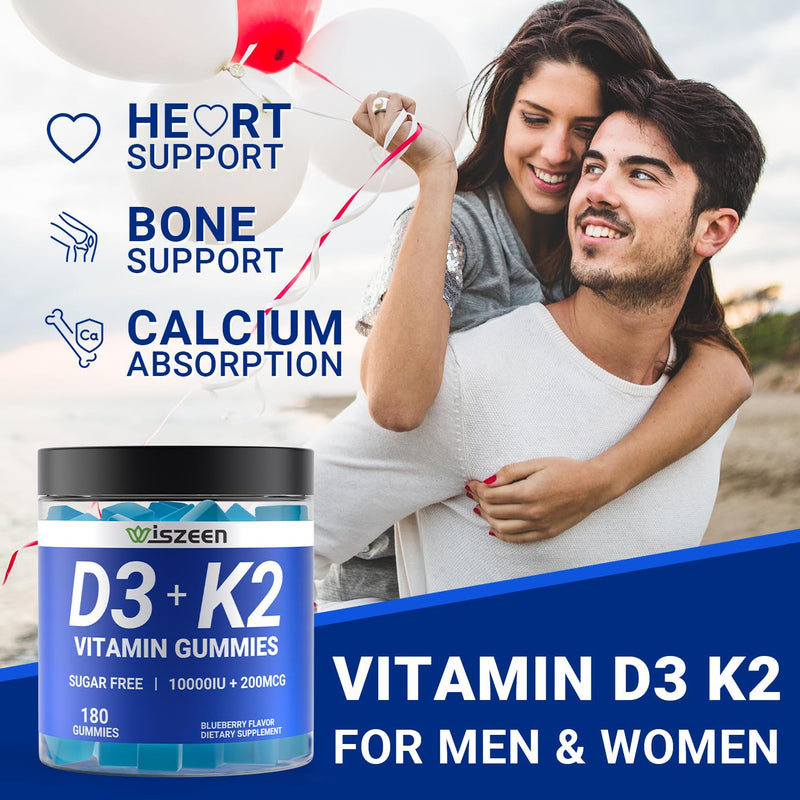 Vitamin D3 K2 Gummies, Vitamin D3 10000iu & Vitamin K2(MK7) 200mcg | Calcium, Magnesium, Vitamin B12 for Bone Muscle Teeth Immune, Vegan, Sugar-Free