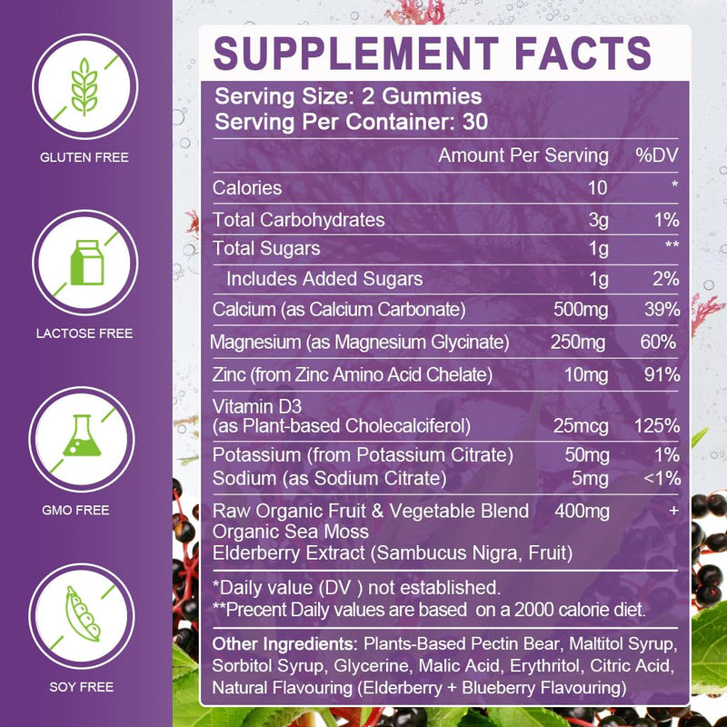 2Pack Calcium Magnesium Zinc Gummies with Vitamin D3 for Women & Men, 60Ct | WOGORGT - Chewable Calcium Magnesium Zinc D3 Supplement with Sea Moss, Elderberry for Bone, Teeth, Immune Support, Vegan 60 Count (Pack of 2)