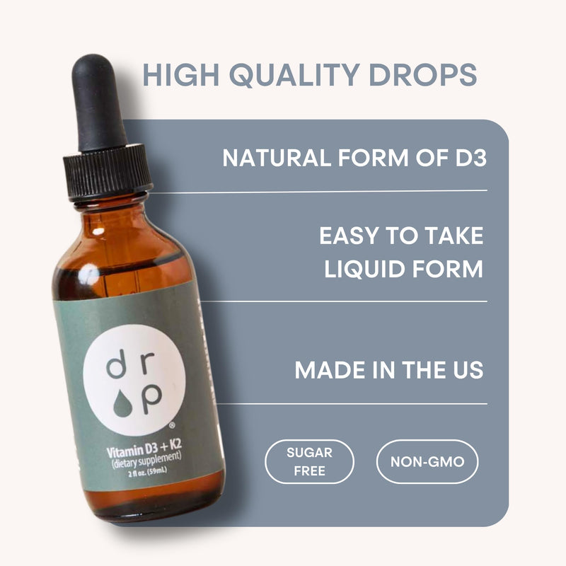 Drop Vitamin D3 + K2 Liquid Drops, 1000 IU Vegan D3 from Lichen, 45 mcg K2 (MK-4 and MK-7), with Organic MCT Coconut Oil, Bone and Immune Support, Non-GMO and Vegan, 59 Servings, 2 fl oz
