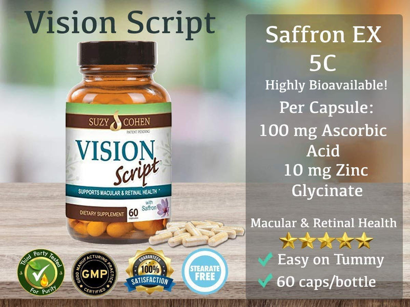 Vision Script: Saffron Lutein Zeaxanthin Macular Retinal Eye Health | Suzy Cohen saffron, black currant, lutein, zeaxanthin, vitamins C and zinc glycinate for macular and retinal eye support