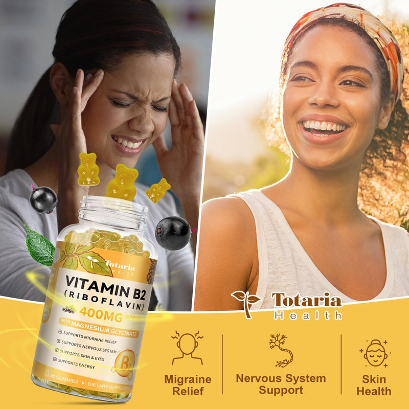 Totaria Vitamin B2 Gummies, Sugar Free Riboflavin 400mg Supplement for Adults & Kids with Magnesium Glycinate 400mg, COQ10 & Elderberry, Skin & Nervous System Support, Non-GMO, 60 Gummies 60 Count (Pack of 1)