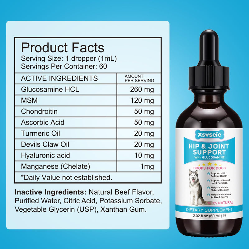 Joint Supplements for Dogs, Pain Relief for Dogs, Dog Joint Supplements for Senior Dogs, Chondroitin Drops for Dogs, Hip & Joint Glucosamine Drops for Dogs, Mobility Pain Relief, Natural Formula, 60ML