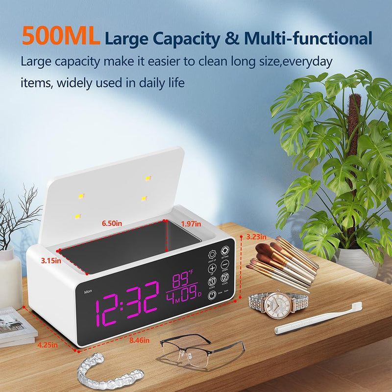 500ML Capacity 48kHz, Updated Version Ultrasonic Retainer Cleaner, Multi-Functional Cleaner Machine For Dentures, Mouth Guards, Braces, Toothbrush, Jewelry, Glasses with Alam Clock Function, (white)