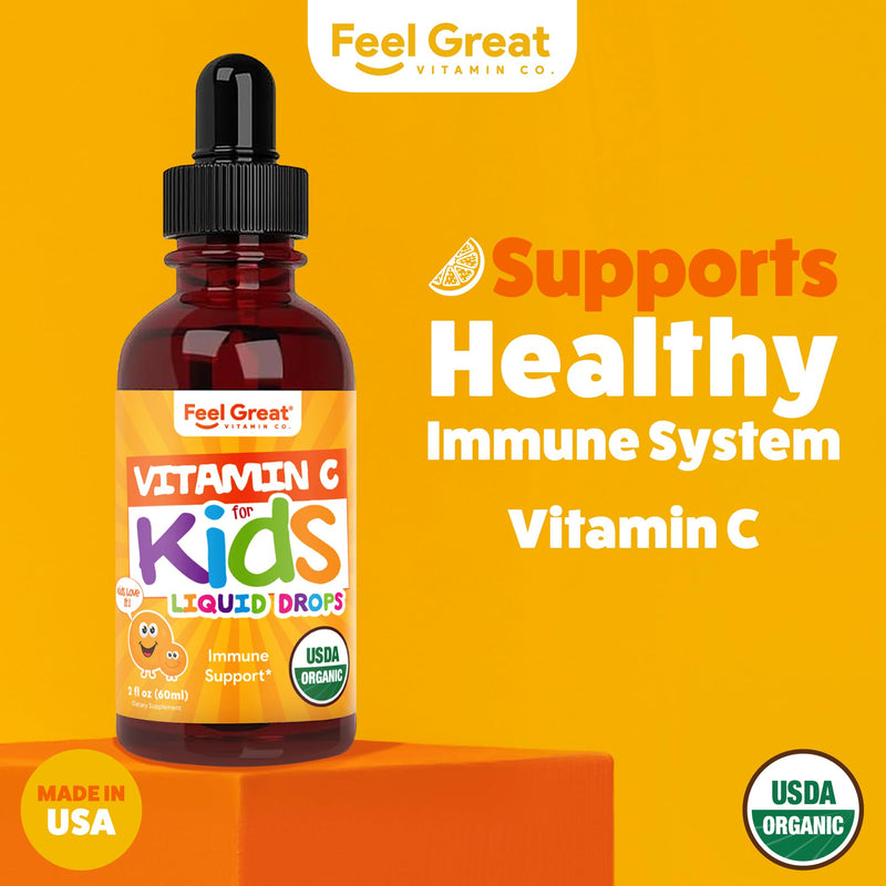 Feel Great Organic Vitamin C Liquid Drops for Kids & Toddlers | Immune Support & Antioxidant Supplement | Easy-to-Take Liquid | USDA Organic, Vegan, Non-GMO, Gluten-Free | 2 fl oz