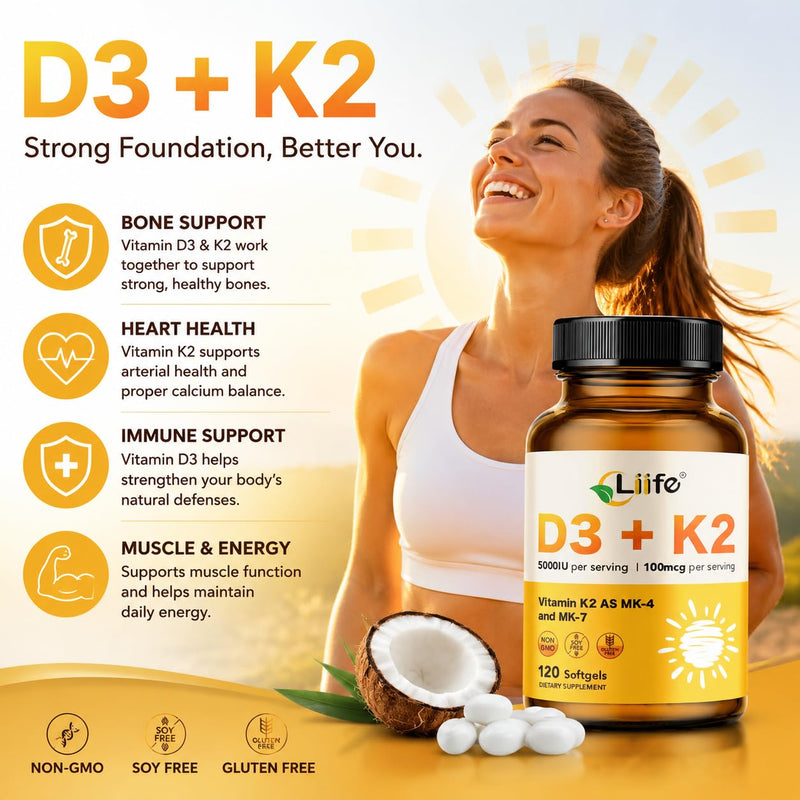 LIIFE Vitamin D3 + K2 (MK7 & MK4) 5000 IU,240 Softgels | Features 5000 IU D3 with MK7 & MK4, supports immune, bone and heart health. Non-GMO & Gluten-Free formula 240 Count (Pack of 1)