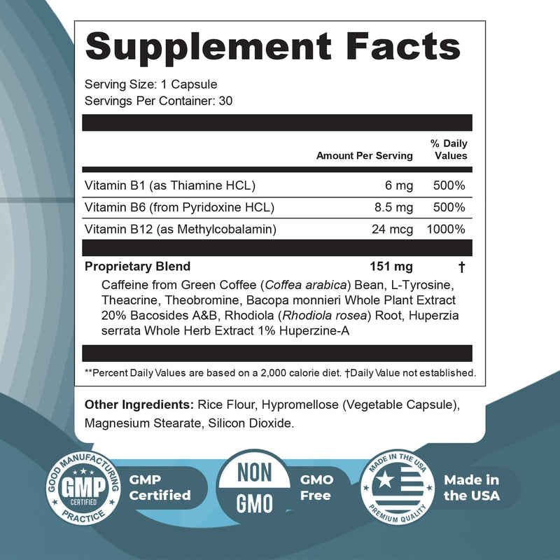 Memocept Botanical & Vitamin Formula with Bacopa – 30 Caps, 1 Month Supply | Features Bacopa, Rhodiola, L-Tyrosine, B Vitamins & Green Coffee | Made in USA, GMP-certified, Non-GMO, Vegetarian 30 Count (Pack of 1)