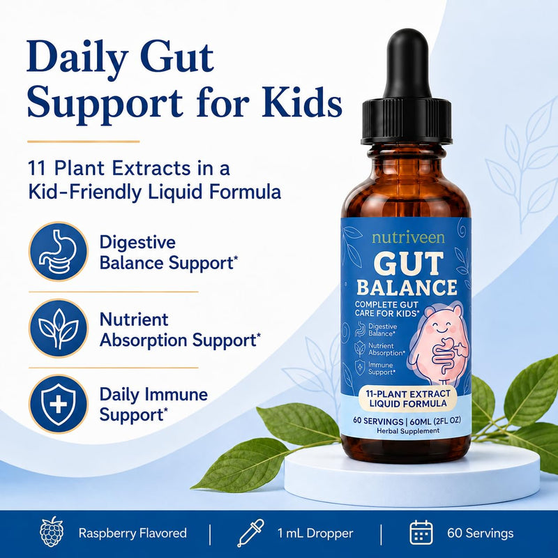 Gut Balance for Kids, 11-Plant Liquid, Raspberry, 60 Servings | Measured dropper, plant-based formula, no pills or capsules, simple daily use