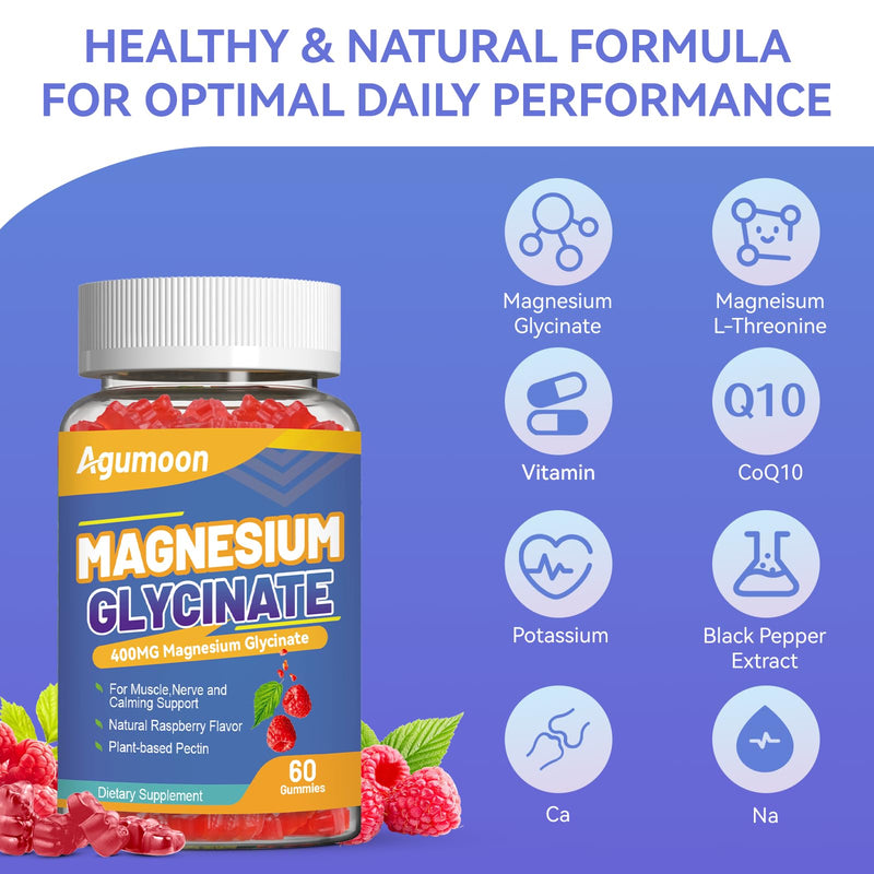 Magnesium Glycinate Gummies 400mg with L-Threonate 200mg, 60 Count | Calcium, Potassium, Vitamins D & B6, CoQ10 - High Absorption for Stress Relief & Muscle Relaxation,Non-GMO, Raspberry Flavor 60 Count (Pack of 1)