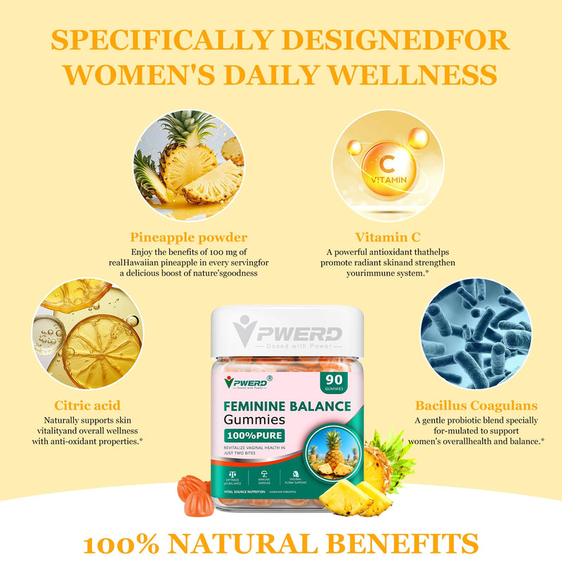 180 Count Feminine Balance Pineapple Vaginal Gummies for Women Ph，Premium Her Plus Nutrition Feminine Vaginal Probiotics Pineapple Balance Gummies for Women 90 Count (Pack of 2)