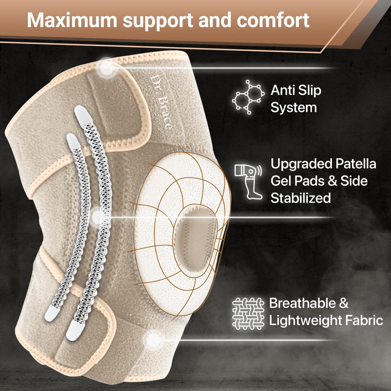 DR. BRACE ELITE Knee Brace with Side Stabilizers & Patella Gel Pads for Maximum Knee Pain Support and fast recovery for men and women- Please Check How To Size Video Large Sandstone