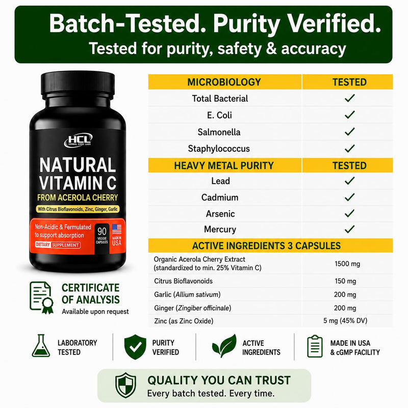 Natural Vitamin C from Organic Acerola Cherry - High Absorption - with Garlic Ginger & Citrus Bioflavonoids - Immune System & Collagen Booster - Anti Aging Skin Vitamins