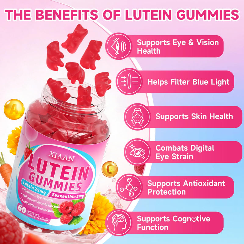 Lutein and Zeaxanthin Supplements, Lutein Gummies with Zeaxanthin,Vitamins A, C, E, Bilberry, Astaxanthin for Vision Health & Eye Strain, Sugar-Free/Vegan, Raspberry Flavor 120 Count 60 Count (Pack of 2)
