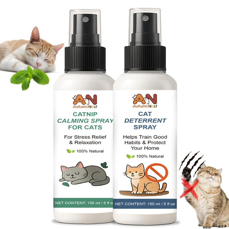 Cat Spray 2-Pack Furniture Saver Kit – 150ml Cat Deterrent Spray + Calming Catnip Spray – Anti-Scratch Training & Stress Relief Solution for Indoor Cats & Kittens