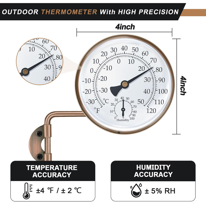4 Inch Brass Outdoor Thermometer, Outside Decorative Thermometer for Patio, Window, Greenhouse, Garage, Brass Swivel Temperature Gauge with Humidity, Analog Temperature Gauge 4 Inch without Stand