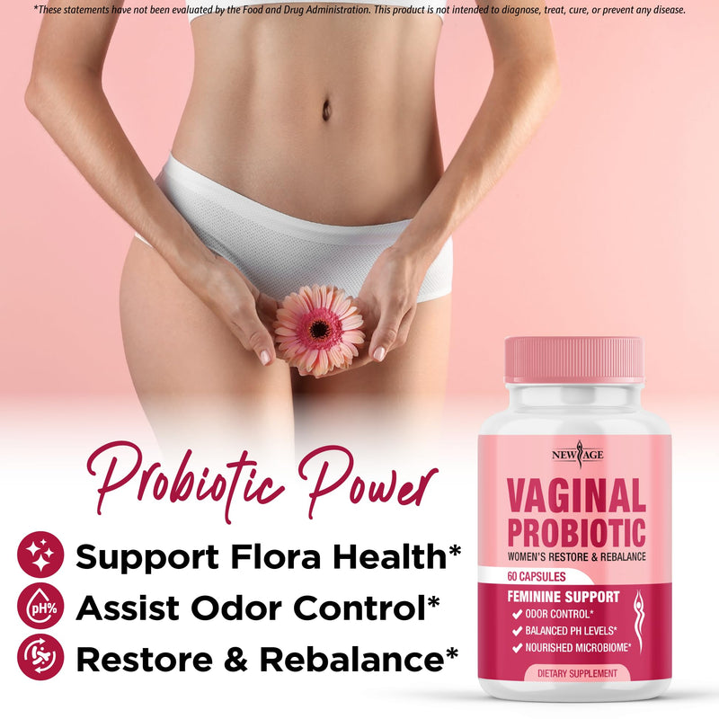 NEW AGE Vaginal Probiotics for Women with Prebiotics, Cranberry Extract, and a Lactobacillus Probiotic Blend, Supports Healthy pH Balance, Odor Control, Vaginal Flora - 60 Capsules 60 Capsules (Pack of 1)