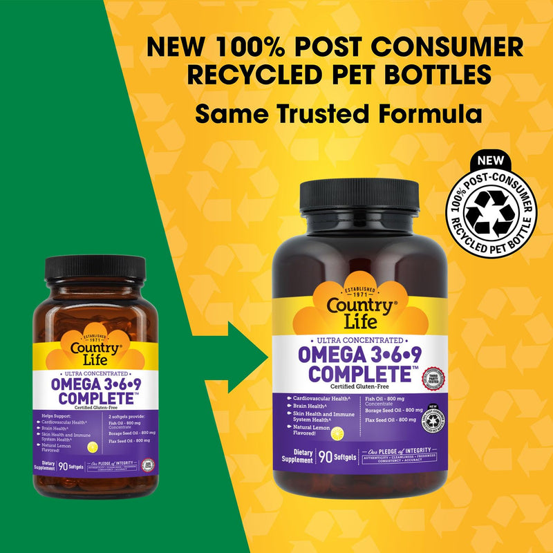 Country Life Omega 3-6-9 Complete, 1,534 mg per Serving, 90 Softgels | Fish, borage and flax seed oils provide EPA, DHA, GLA and ALA with natural lemon flavor; 45 servings
