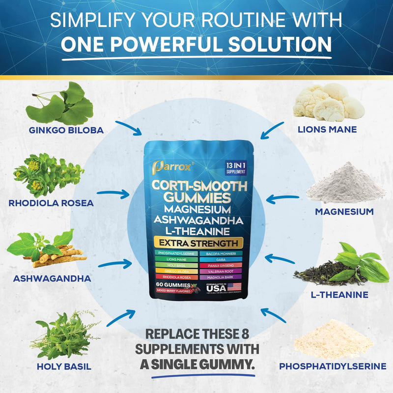 Cortisol Gummies, Magnesium & Ashwagandha, Berry, Corti-Smooth, 2 Pack | Magnesium, L-Theanine, Ashwagandha, Phosphatidylserine, Bacopa, Lions Mane, Ginkgo Biloba, Valerian Root 60 Count (Pack of 2)