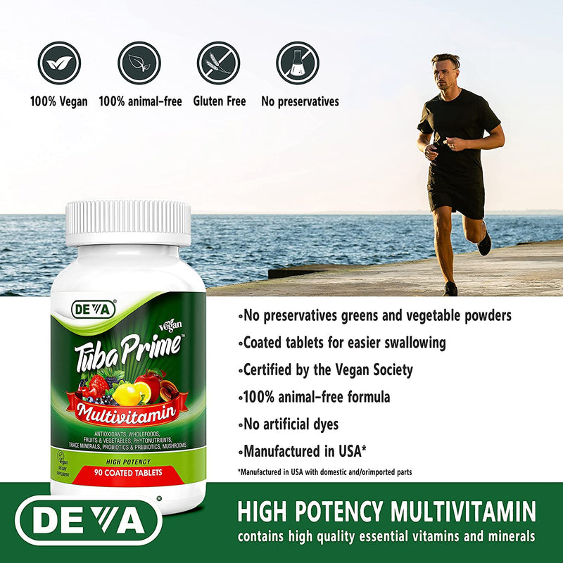 DEVA Tuba Prime Vegan Multivitamin Iron-Free High-Potency Vitamin & Mineral Dietary Supplement Antioxidants, Fruit & Veg Blend, Super Mushrooms, Probiotics, Prebiotics, Seeds, Herbs 90 Tabs 2-Pack (Pack of 2)