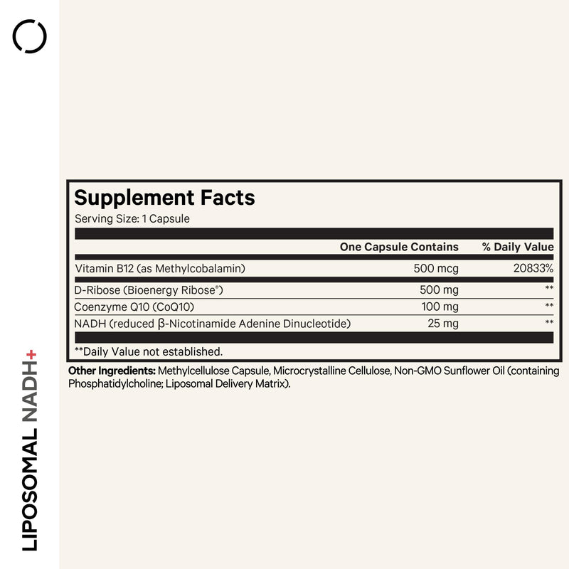 Codeage Liposomal NADH, Vitamin B12, D-Ribose, CoQ10, 60 Capsules | NADH with vitamin B12, D-ribose (Bioenergy Ribose), CoQ10. Liposomal delivery. Two-month supply. Non-GMO.