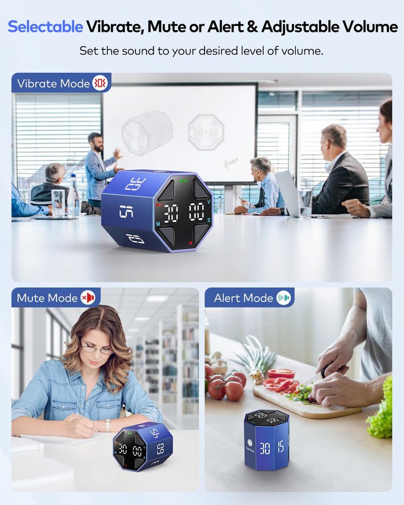 Ticktime Pomodoro Timer Cube, Custom Pomodoro, Pause & Resume, Silent, Vibrate & Adjustable Sound Alert, for ADHD, Task, Work, Study, 3/5/10/15/30/45/60min & Custom Countdown, Blue