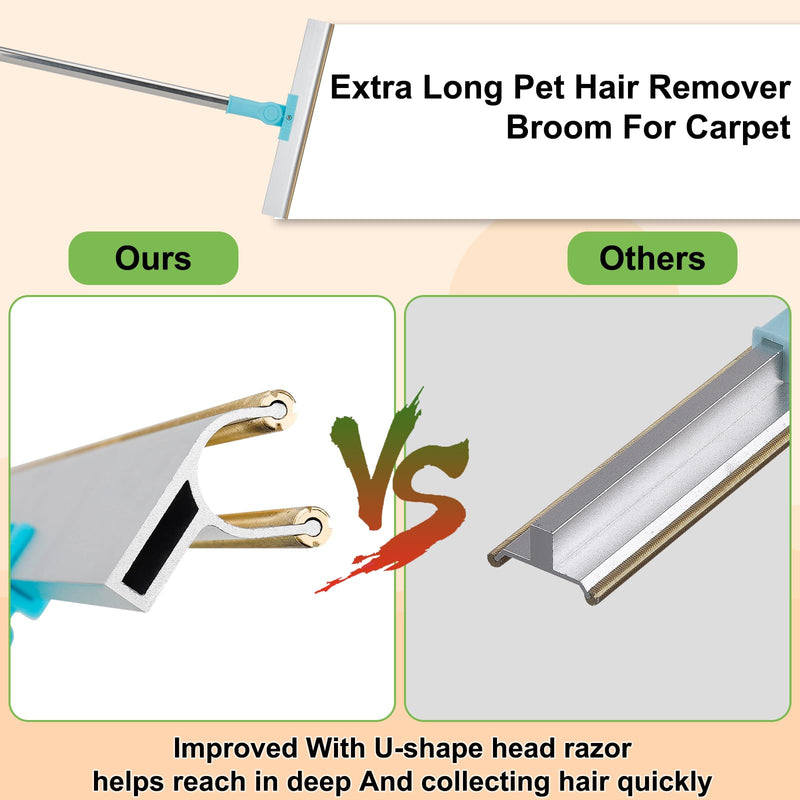Carpet Rake for Pet Hair Removal - Reusable Pet Hair Removal Tool Broom for Carpet Adjustable 54’’ Long Handle Dog Cat Hair Remover Carpet Scraper Brush for Low Pile Rugs Couch Mats Furniture - BeesActive Australia