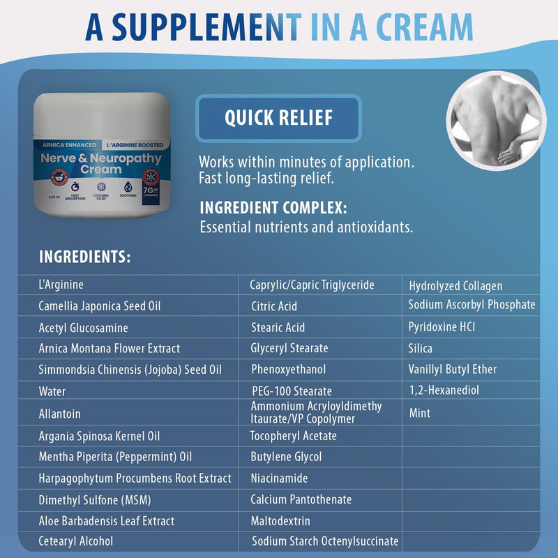 Neuropathy Cream Arnica Enhanced and L’Arginine Boosted Formula - Maximum Strength Relief for Foot, Hands, Legs, Toes Includes 7grams of L’Arginine; Vitamin B6, MSM, Arnica, Aloe -2.82oz