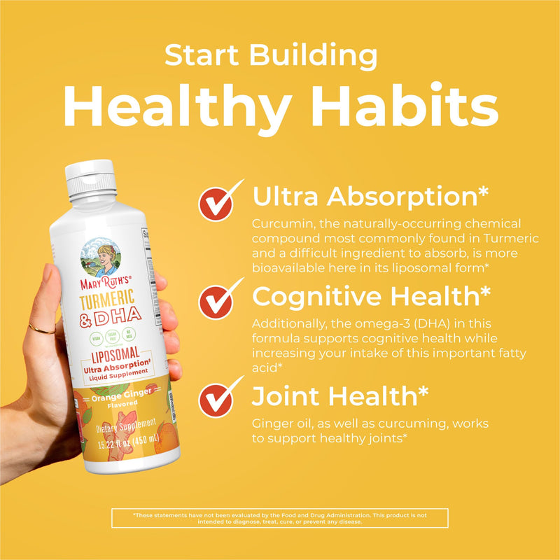 MaryRuth's Turmeric & DHA Liposomal Liquid, Ultra Absorption, 15.22 oz | Enhanced Absorption, Turmeric Curcumin Supplement 520mg, Joint Health & Cognitive Health, Ginger Root Oil, Omega-3 DHA