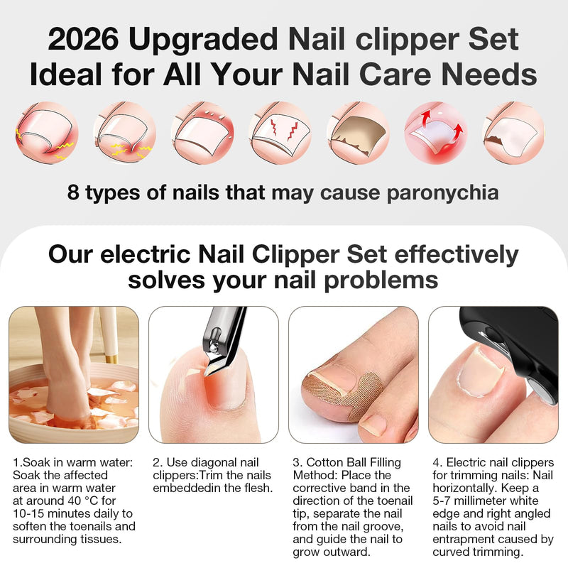 Electric Nail Clipper for Seniors/Adults/Children 2026 New Electric Nail Trimmer Set Dual-FunctionTrimming and Filing System for Thick Nails Toe Nail Clippers Removing Dead Skin and Nail Polish Black