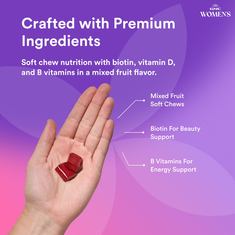 GNC Womens Multivitamin Soft Chew - Mixed Fruit | Supports Womens Overall Health, Enhanced Immune Absorption, Aids Healthy Mood, Supports Metabolism and Energy Production 60 Count (Pack of 1)