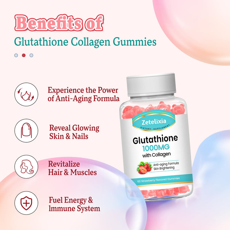 2 Pack Glutathione Collagen Gummies, Collagen Gummies with Vitamin C, Glutathione Supplement for Women, Hair Skin Nails Muscle & Joint, Anti-Aging, Vegan, Sugar Free, Strawberry Flavor, 120 Count Glutathione Strawberry 60 Count (Pack of 2)