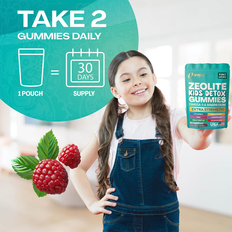 Zeolite Kids Detox Gummies, 9-in-1 Sugar-Free, Berry, 60 Gummies | Mixed Berry with Zeolite, Omega-3, Magnesium, Elderberry, Vitamin C, Milk Thistle, Vitamin D3, Zinc, B12 60 Count (Pack of 1)