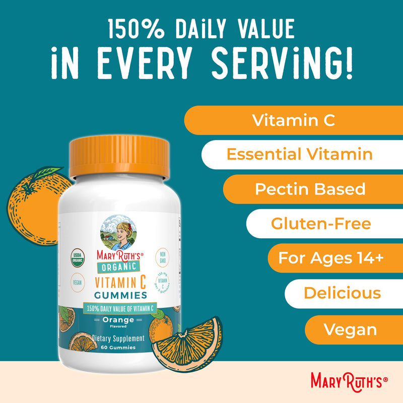 MARYRUTH'S USDA Organic Vitamin C Gummies, Antioxidant, Non-GMO, 60 Count | Vegan Chewable for Ages 14+, Immune Support & Overall Wellness, Gluten Free Adults