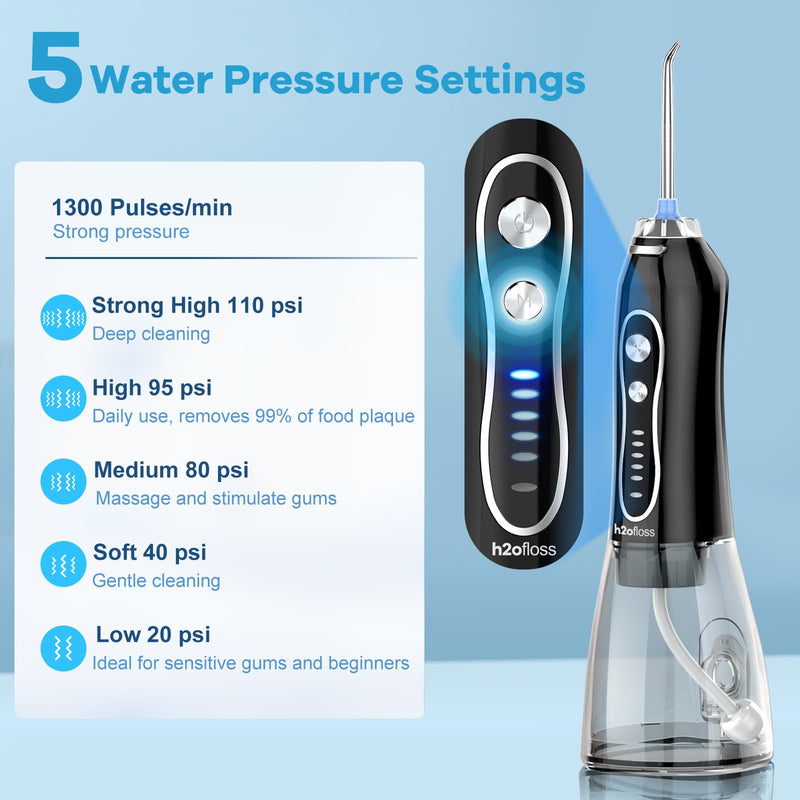 H2ofloss Water Dental Flosser Teeth Pick -Portable Oral Irrigator with 5 Modes, Rechargeable IPX7 Waterproof Orthodontic Teeth Cleaner Pick Cordless for Home Travel-300ml Water Tank Black