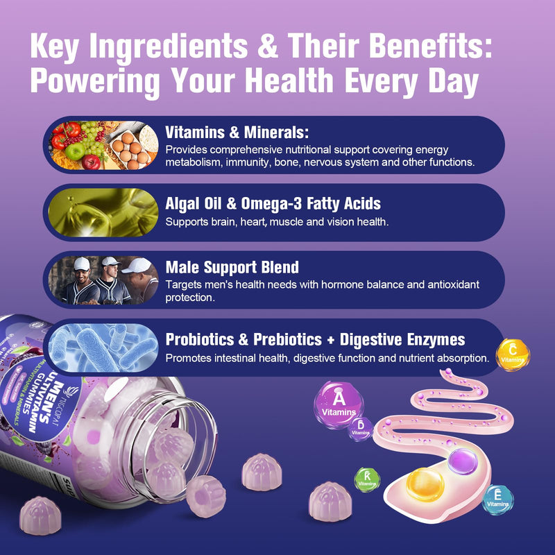 Multivitamin for Men, Mens Multivitamins Gummies w/Omega-3, Probiotics, Inositol, Folate, Biotin, Zinc, Vitamins A, C, D, E, B, - Support Heart, Brain, Muscle, Energy, Sugar-Free, Blackberry Flavor 60 Count (Pack of 1)