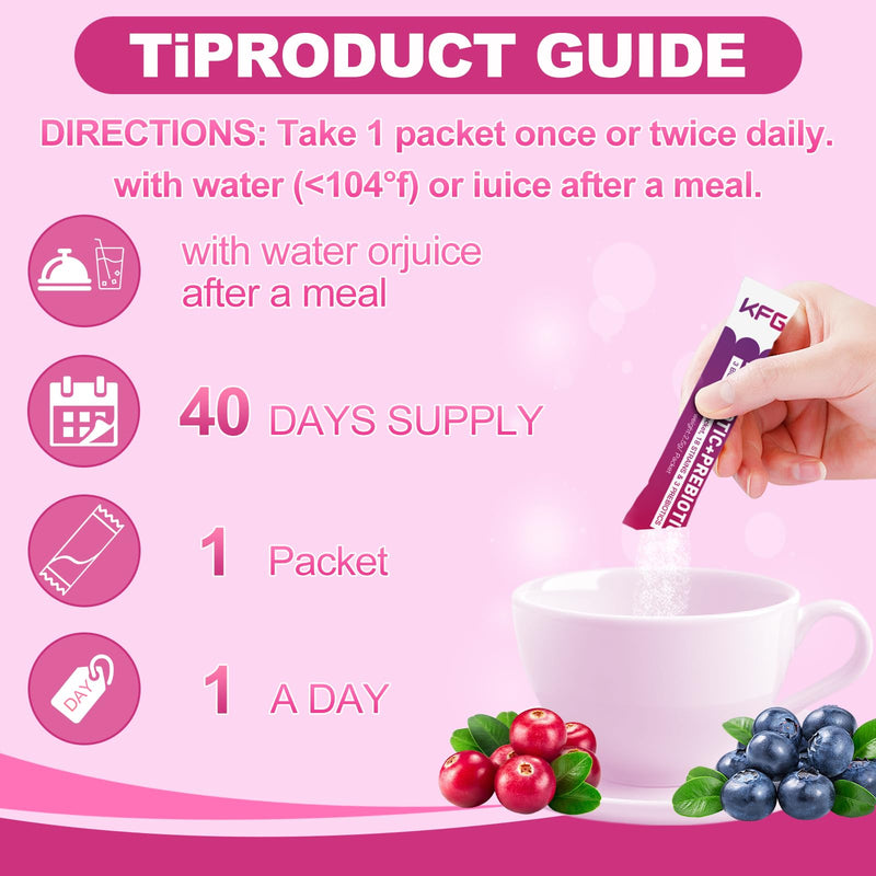 KFG Women's Probiotic Powder, with 100 Billion CFUs, 20 Strains, 3Organic Prebiotics, Cranberry, Digestive Enzymes & D-Mannose, for Boost Immune, Digestive, Gut, Vaginal & Urinary Health, 40 Packets