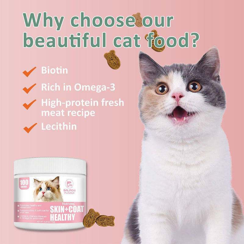 Cat Skin & Coat Chews 100 Count – Omega-3, DHA, Biotin & Vitamin E for Shedding, Dry Skin & Glossy Coat, with Glucosamine & Chondroitin for Joint Support, Salmon Flavor