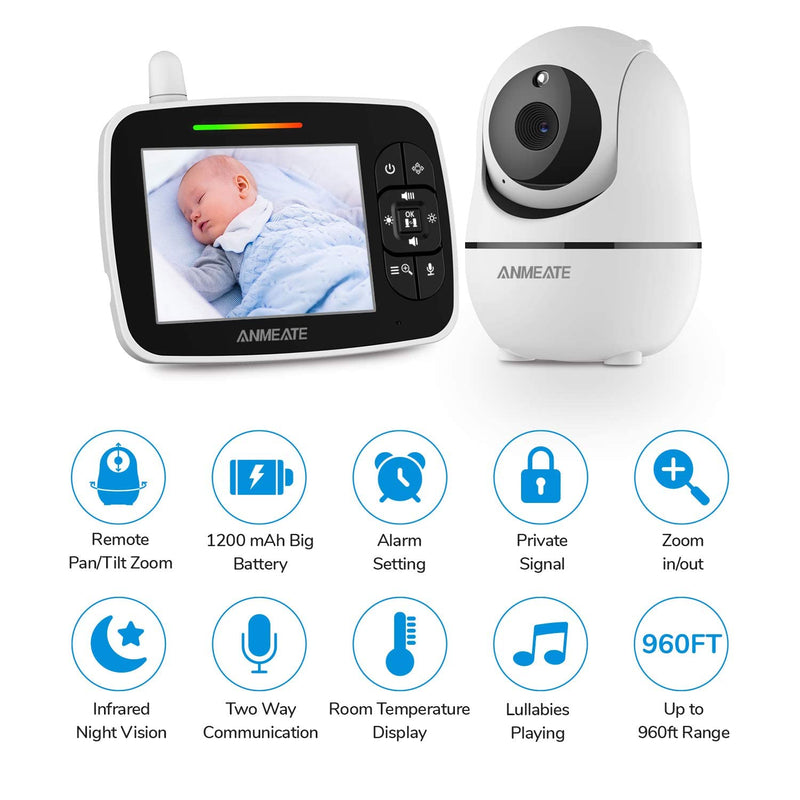 ANMEATE Baby Monitor with Remote Pan-Tilt-Zoom Camera,Large Display Video Baby Monitor with Camera and Audio |Infrared Night Vision |Two Way Talk | Room Temperature| Lullabies and 960ft Range（Black） Black - BeesActive Australia