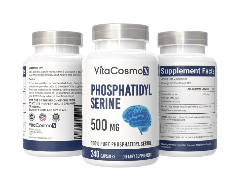 Phosphatidylserine, 500mg, 240 Veggie Capsules 100% Vegetarian, Non-GMO & Gluten Free - 3 Packs