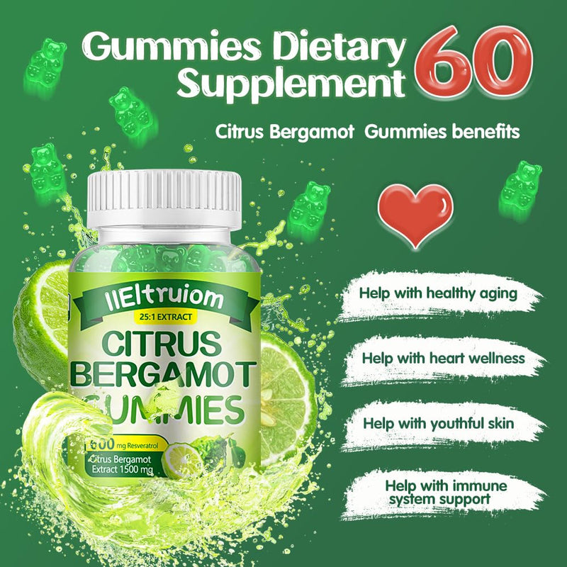 Citrus Bergamot Gummies 1500mg with Resveratrol & Niacin, Vegan Formula | Made with Clean Ingredients in a Free from Artificial Colors and Flavors, 60 Gummies 1