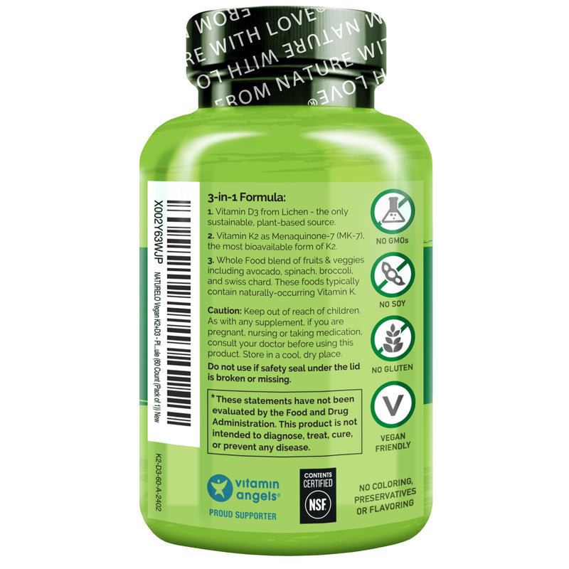 NATURELO Vitamin D3 K2, Vegan K2+D3 Supplement, 60 Capsules | Vitamin D with K, plant based D3 from lichen, whole food, non-GMO, gluten free, Vitamin D Plus K Supplement, K2 D2 Unflavored 60 Count (Pack of 1)