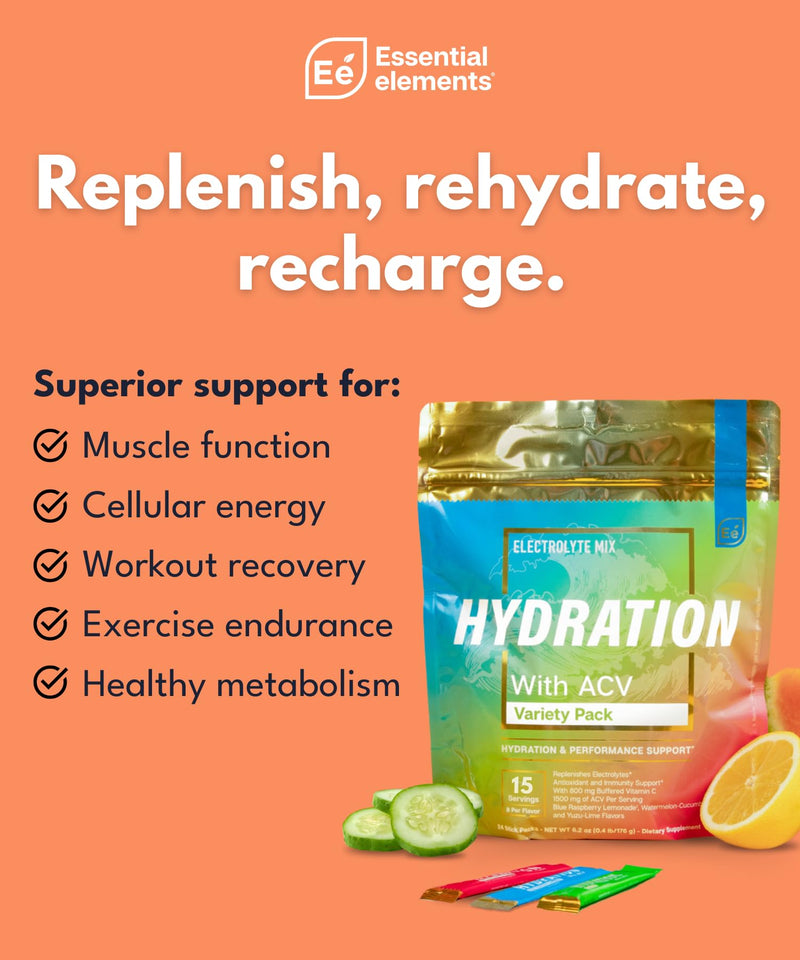 Essential Elements Hydration Packets - Variety Pack - Sugar Free Electrolytes Powder Packets - 15 Stick Packs of Electrolytes Powder No Sugar - Hydration Drink - with ACV & Vitamin C 15 Servings (Pack of 1)