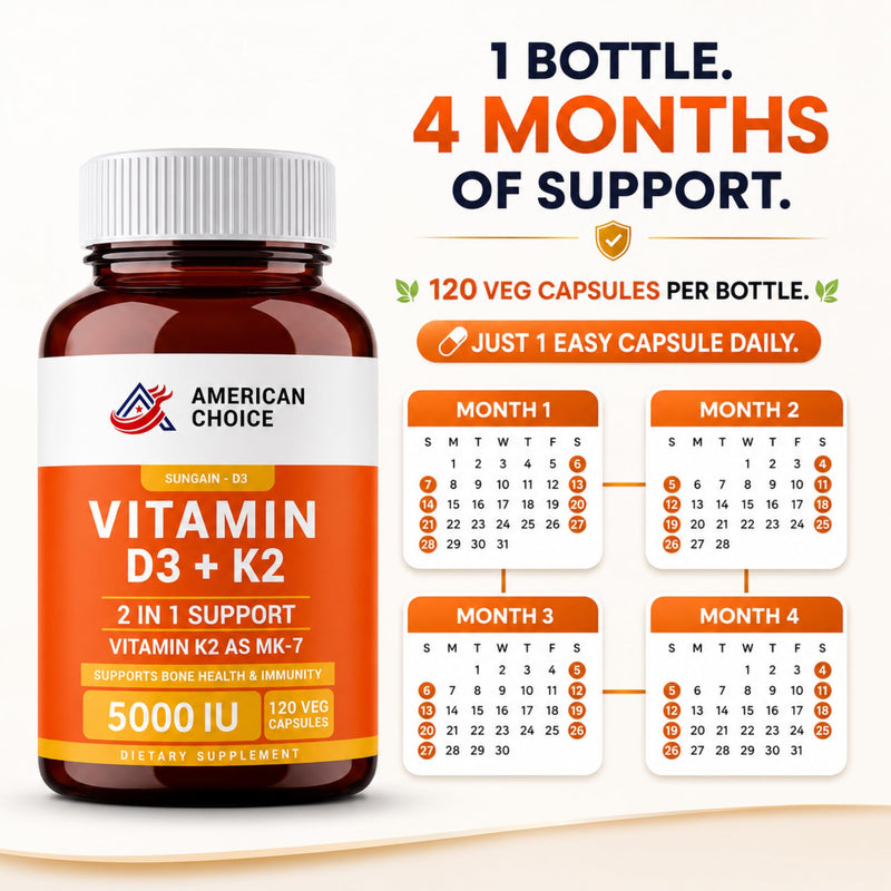Vitamin D3 K2 5000 IU Supplement, Enhanced Bone, Heart & Immune Support - Supports Calcium Absorption, Non-GMO, Gluten-Free 100mcg K2-120 Veg Capsules