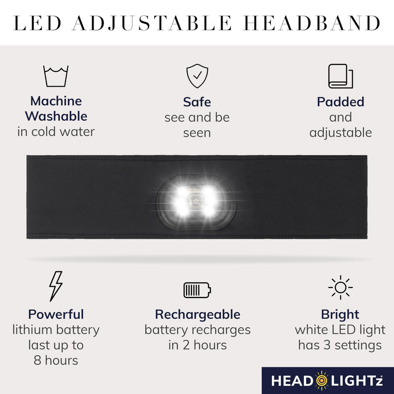 HEAD LIGHTZ by Roq Innovation - Flashlight Adjustable Padded Headband with Light - LED Headlamp - Headband Lights for Forehead - Unisex, Rechargeable, Black