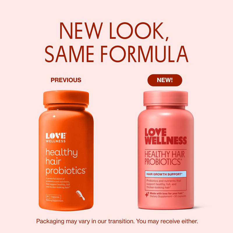 Love Wellness Healthy Hair Probiotics | Biotin, Vitamin B12 & B6 | 30 Ct | Contains healthy hair blend, AnaGain™ Nu, probiotic blend, hyaluronic acid, Non-GMO, gluten-free, Sugar-free, 1 cap daily