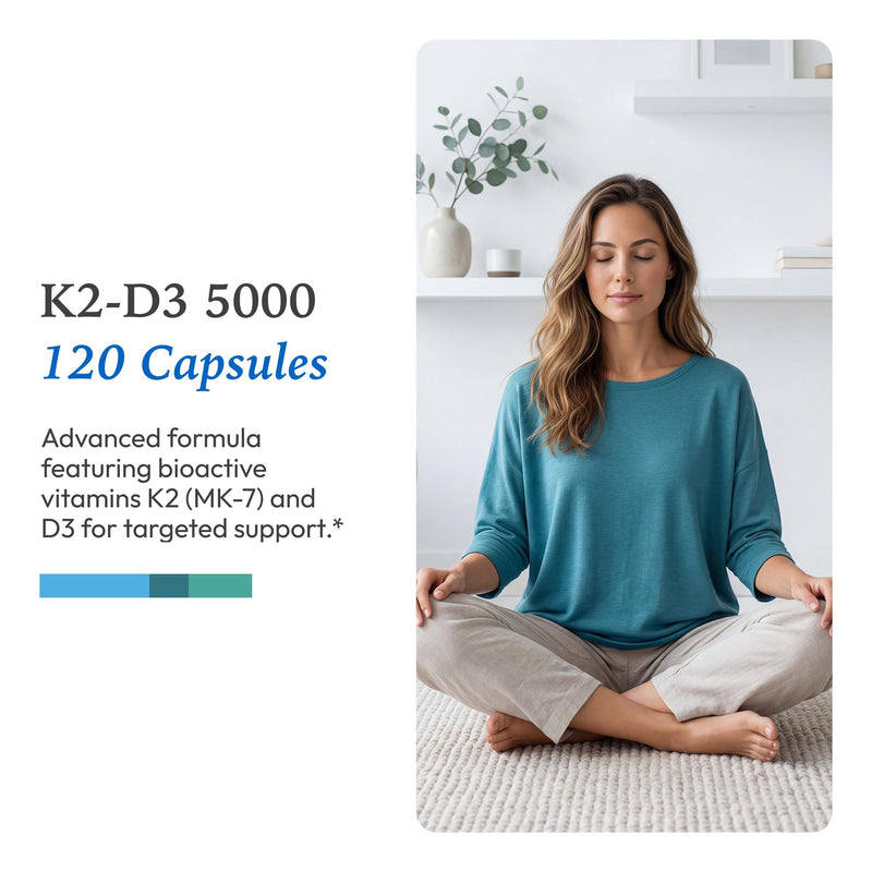 XYMOGEN K2-D3 5000, 120 Capsules | Vitamin D3 K2 Supplement for Immune, Bone, and Cardiovascular Support,* Non-GMO, Gluten-Free, Vegetarian Unflavored 120 Count (Pack of 1)
