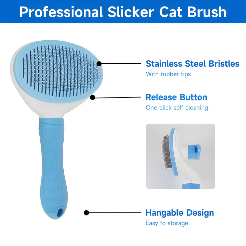 cat brush with release button, indoor cat hair brush that falls off, suitable for long or short haired cats, cat beauty brush for kittens, cat comb, rabbit massage to remove loose fur (Blue) Blue - BeesActive Australia