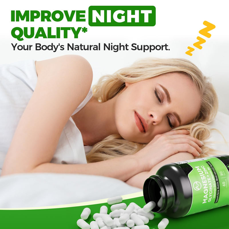 Magnesium Glycinate Capsules, Magnesium Glycinate Supplement with Zinc, Vitamin D3 & B6 - Promotes Nerve, Bowel, Relaxation Function - 60 Vegan Capsules 60 Count (Pack of 1)