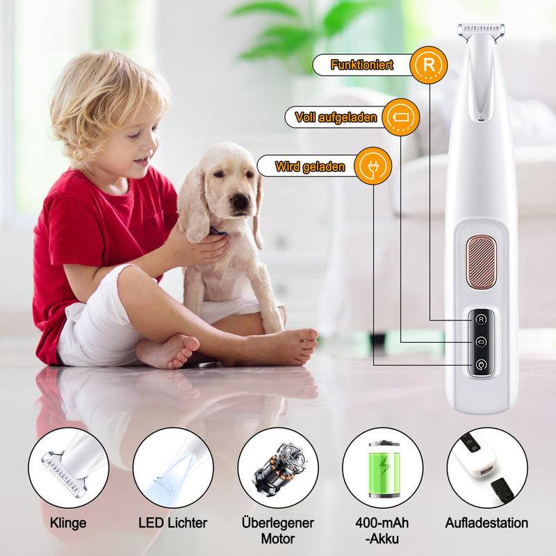 Lottsall Quiet Dog Clipper, Paw Trimmer for Dogs, Professional Pet Hair Trimmer with LED Light for Paws, Eyes, Ears, Face, Body, White - BeesActive Australia