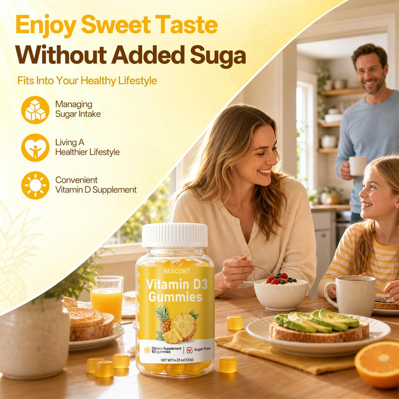 Vitamin D3 Gummies, Bone & Immune Support Daily Supplement, 400IU Gentle Formula for Men & Women, Sugar Free Non-GMO Gluten Free Vegan Pineapple Flavor, 60 Count (30 Day Supply)